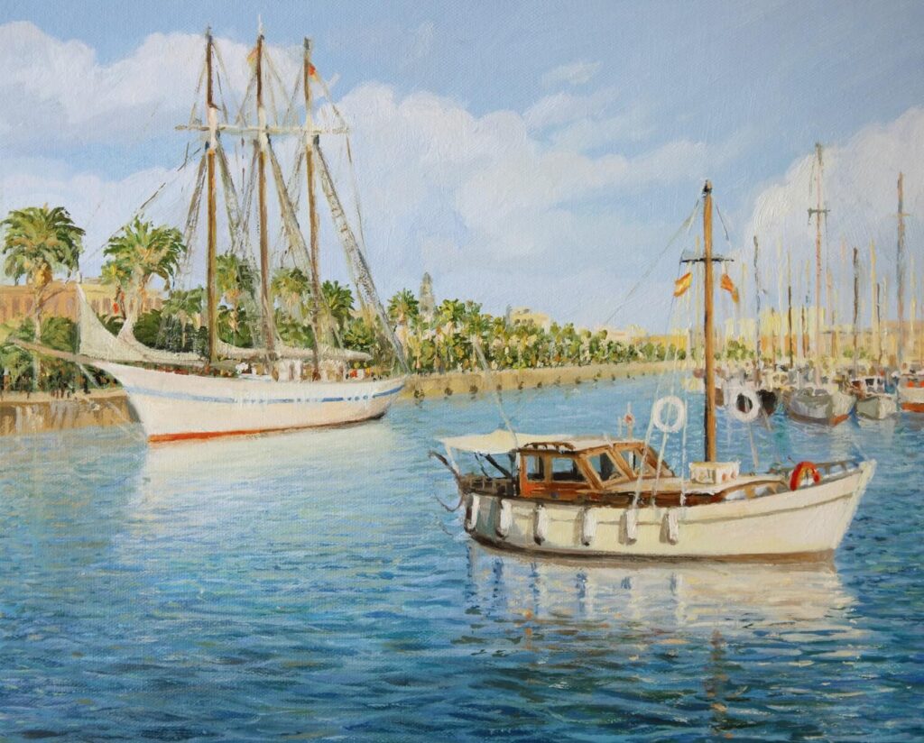 painting of boats on water