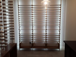 Empty wine racks in a simple wine room