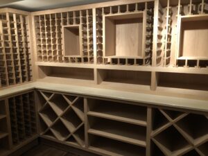 Empty wooden shelves in a wine cellar