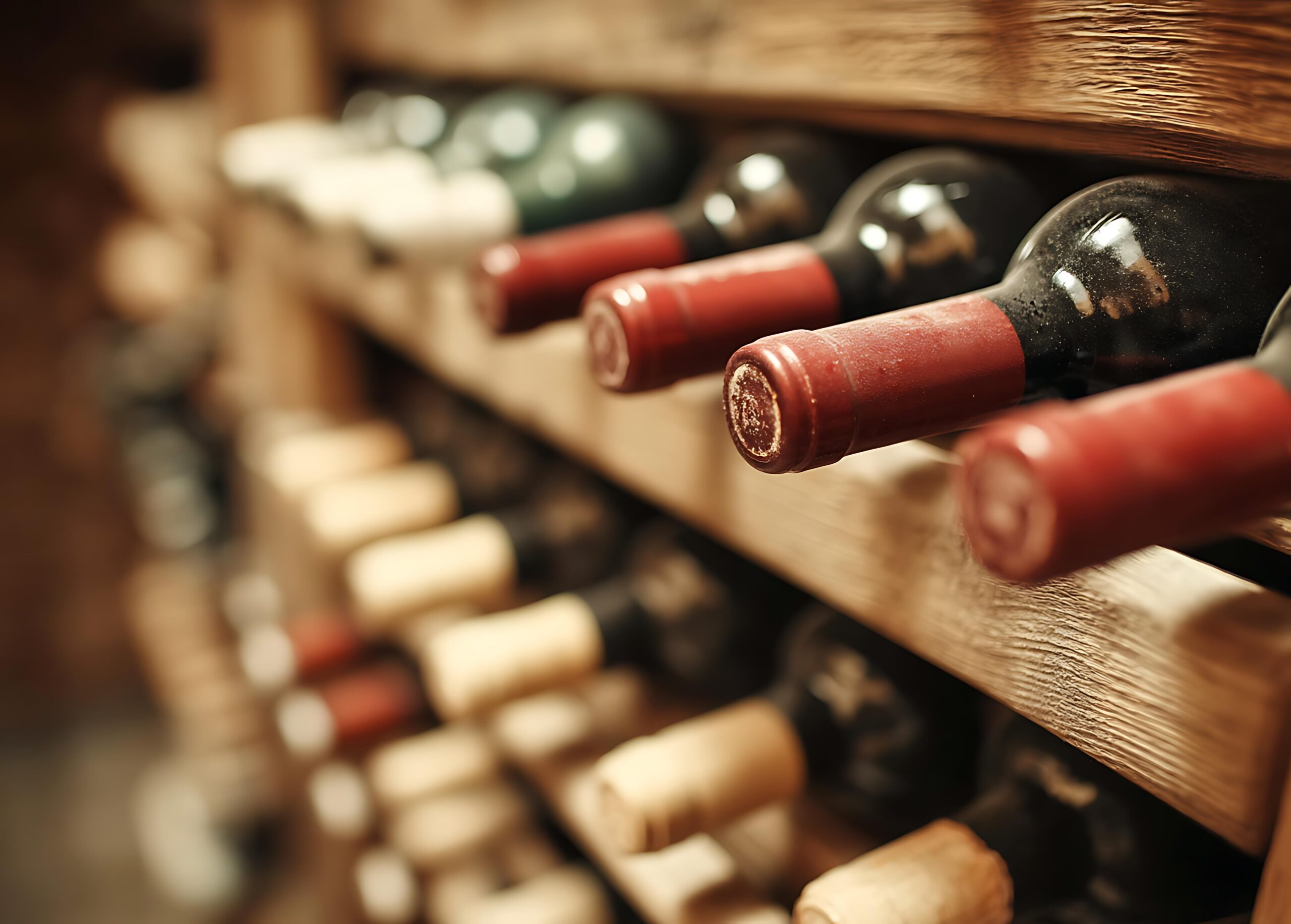 Multiple rows of wine bottles in wooden wine racking